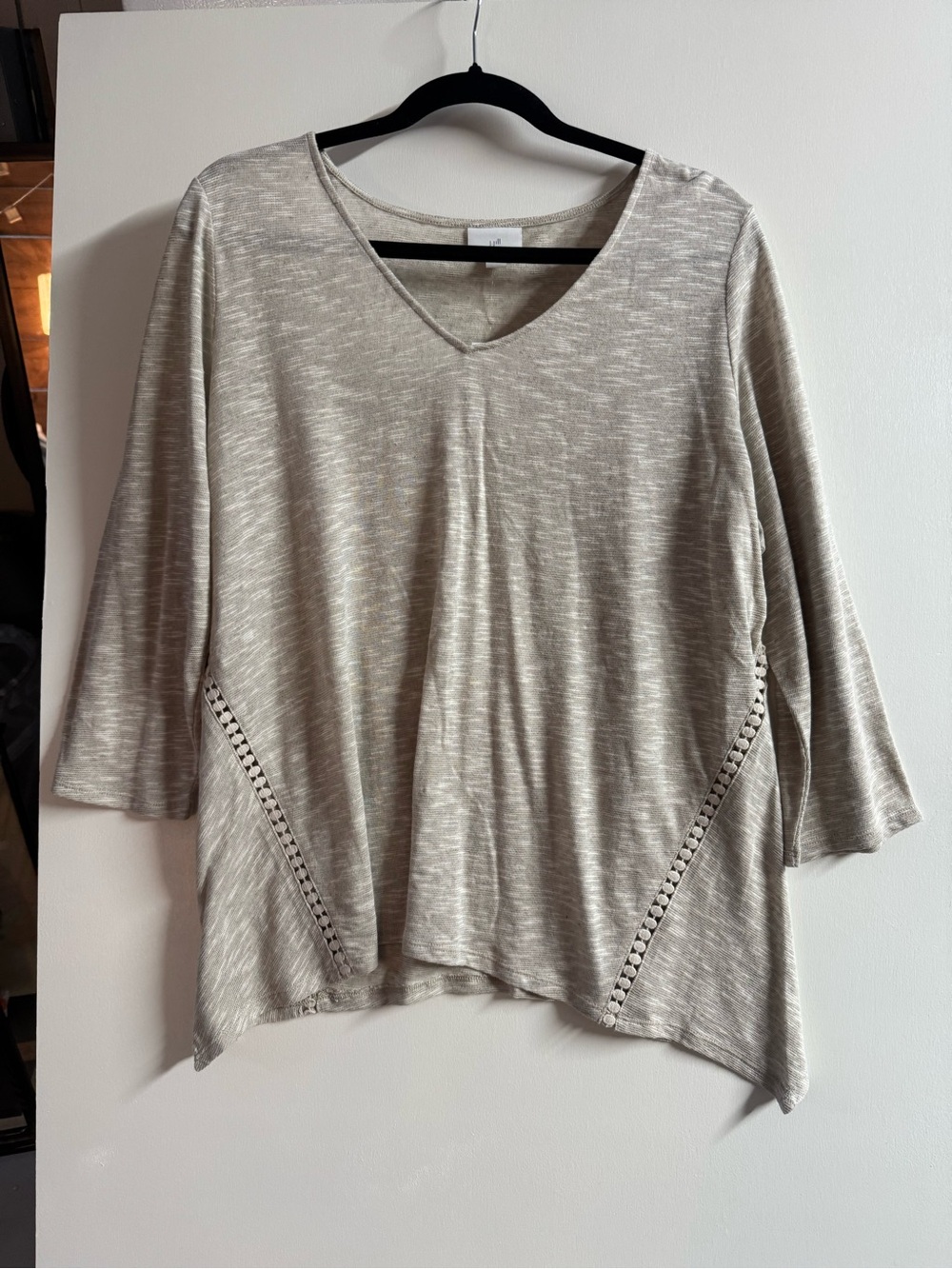 J. Jill Taupe V-Neck Knit Tunic with Ladder Trim, Shark bite Hem, Linen blend
